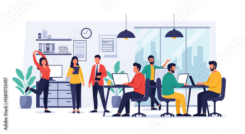 Diverse team of professionals working and collaborating in a modern open-plan office, highlighting productivity, teamwork, and employee well-being.