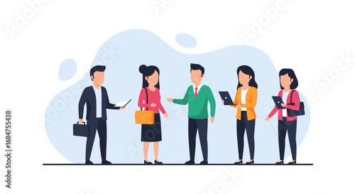 Diverse business professionals collaborating and engaging in work-related tasks, representing teamwork, communication, and modern office productivity.