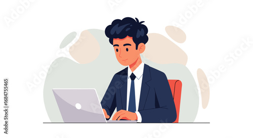 A cheerful businessman diligently working on his laptop, embodying productivity and modern professional life. Ideal for business, technology, and finance concepts.