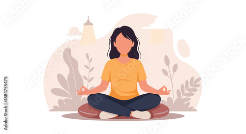 Woman meditating in lotus pose on a cushion, fostering peace and mindfulness. Ideal for health, wellness, and lifestyle content.