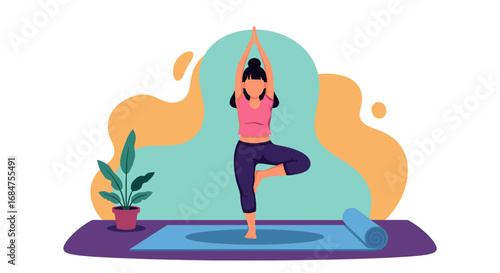 Illustrated woman practicing yoga tree pose indoors, symbolizing balance, health, and mindful wellness. Ideal for fitness and lifestyle content.