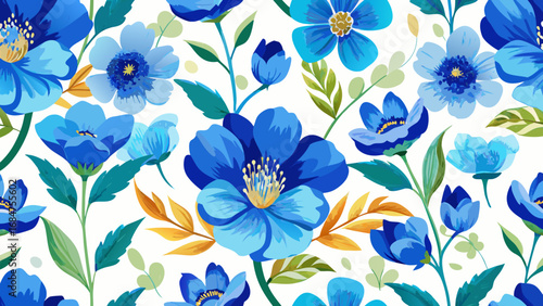 Vibrant blue floral pattern with delicate petals and green leaves on a white background