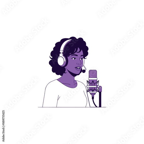 A woman with headphones and a microphone, engaged in speaking or recording, presented in a clean, modern illustration style.