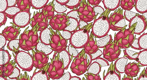 A vibrant and colorful illustration featuring a dense arrangement of dragon fruits, both whole and sliced, showcasing their distinctive pink skin and white flesh with black seeds.