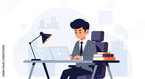 A focused businessman works diligently on his laptop at an office desk, symbolizing productivity, online learning, and professional success.
