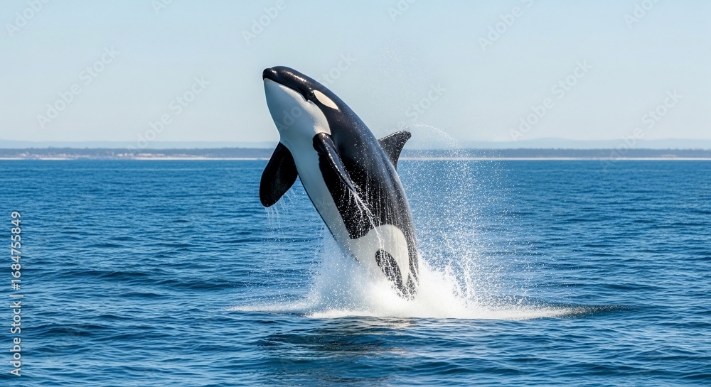 Fototapeta premium Orca breaching ocean surface, water droplets glistening in sunlight, distant shoreline visible