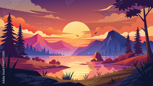 Vibrant sunset over a serene lake with majestic mountains and silhouetted pine trees