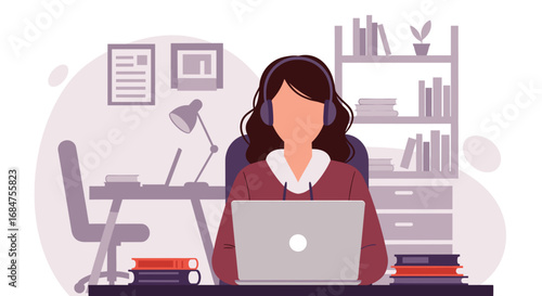 Woman working remotely on laptop with headphones, ideal for online education, customer support, or virtual meetings. Concepts of remote work, study, communication.