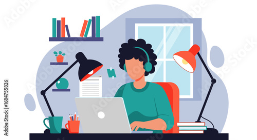 Person working remotely at a home office desk with a laptop and headphones. Ideal for concepts of productivity, online learning, or flexible work arrangements.