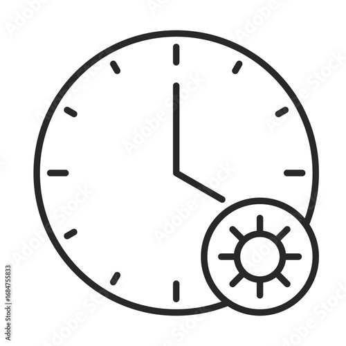 Day clock line icon with sun element for time and schedule clip art.