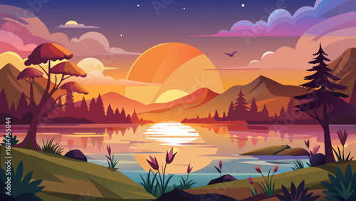 Vibrant sunset over a tranquil lake with mountains and silhouetted trees reflecting in the water