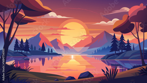 Vibrant sunset over a serene lake reflecting colorful mountains and silhouetted pine trees