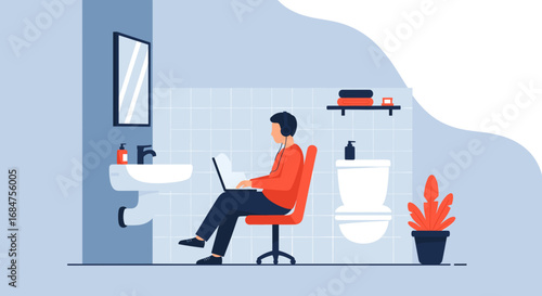 Man with headphones works remotely on laptop in a bathroom, symbolizing flexible work-from-home arrangements and unique office spaces. Remote business, online communication.