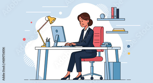 Professional businesswoman working diligently at her desk with a computer in a modern office, representing productivity and corporate success.