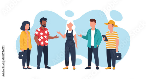 Diverse group of professionals collaborating, discussing ideas, and networking. Represents teamwork, communication, and modern business interactions.