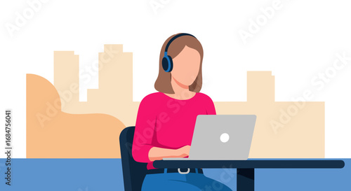 Woman with headphones working remotely on a laptop, representing online communication, distance learning, or customer support from a home office.