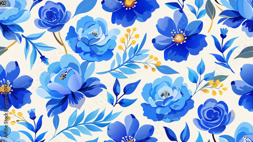 Elegant seamless pattern of vibrant blue flowers and delicate green leaves on a cream background