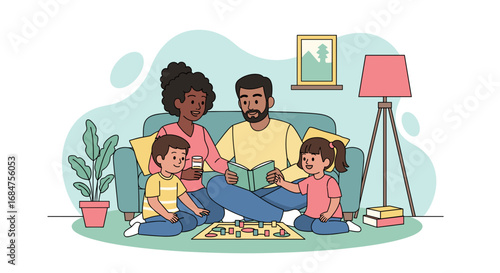 Happy diverse family enjoying quality time at home, reading a book and playing a board game. Ideal for parenting, education, or lifestyle content.