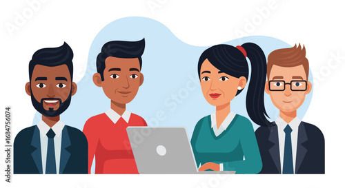 Diverse business professionals collaborate on a project using a laptop. Ideal for themes of teamwork, digital communication, and modern office work.
