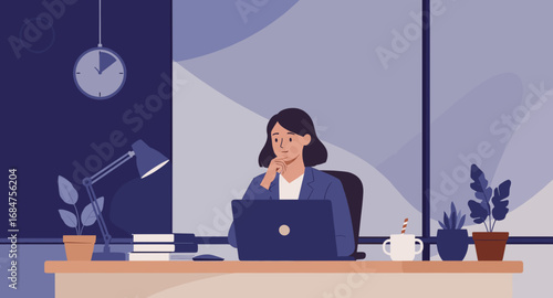 Focused businesswoman working efficiently on her laptop in a modern office, symbolizing productivity, strategic thinking, and remote work success.