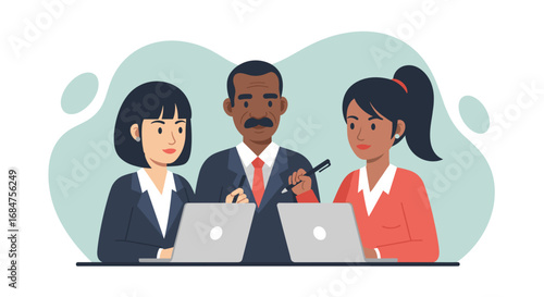 Diverse business team collaborating with laptops. Professional colleagues discussing strategy in an office setting. Ideal for corporate, teamwork, and modern workplace themes.