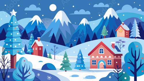 Charming flat design illustration of a snowy winter village nestled among blue mountains under a full moon