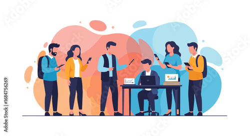 Diverse team collaborating and utilizing modern technology for business, education, or communication in a dynamic digital environment.