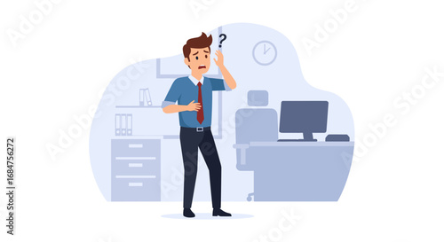 Confused businessman in an office setting, hands raised in uncertainty with a question mark overhead. Represents problem-solving, doubt, or business challenges.
