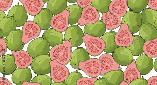 A vibrant, seamless pattern of whole green guavas and sliced pink guavas with visible seeds, creating a fresh and fruity background.