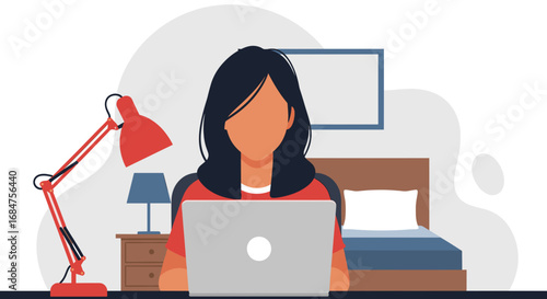 Young woman focused on remote work, using her laptop in a comfortable home office setting. Ideal for themes of productivity, online business, and flexible lifestyle.