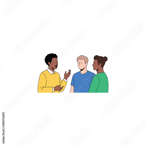 Three diverse young adults are engaged in a casual conversation, gesturing and interacting with each other.