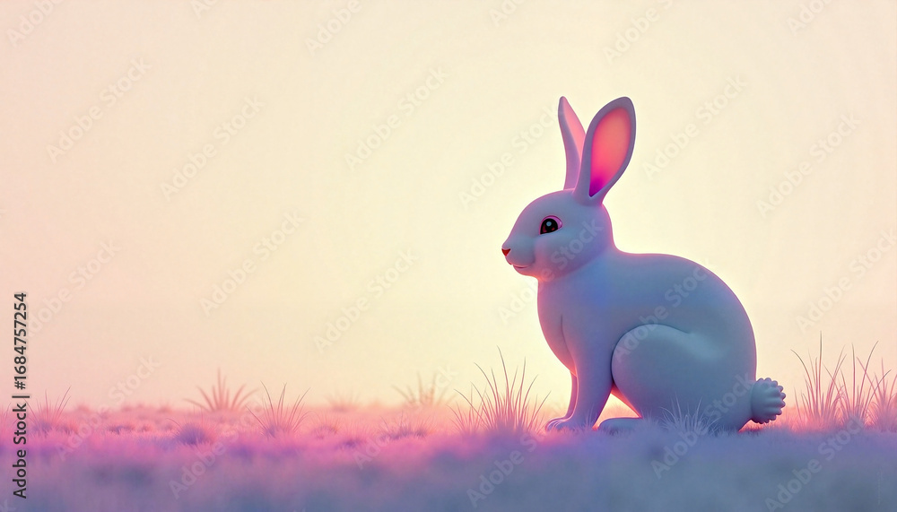 Obraz premium White rabbit sitting in snowy landscape with colorful sunset background 