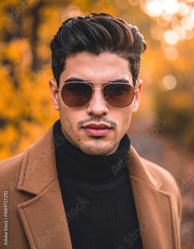 A stylish man wearing sunglasses and a turtleneck sweater stands outdoors amidst autumn foliage, exuding confidence and sophistication.