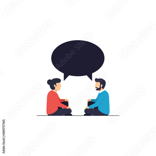 Two people sitting, engaged in conversation, represented by a speech bubble above them.