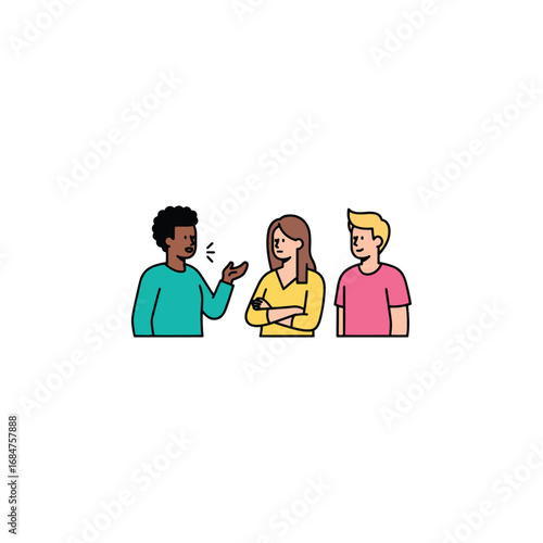 A man explains something to a skeptical woman with crossed arms and another man who are listening.