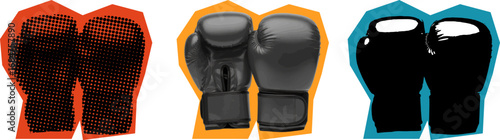 Three pairs of boxing gloves displayed against contrasting backgrounds. Halftone effect vector style.