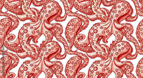 Detailed illustration of multiple red octopuses with intricate details and repeating patterns on a white background.
