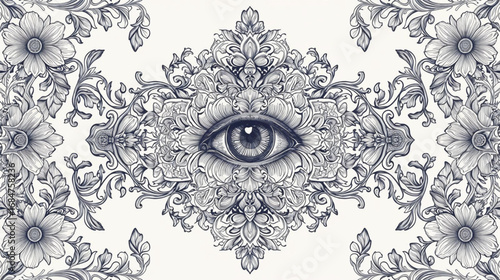 "Vintage Esoteric Eye Emblem with Ornate Floral Frame Detailed Line Drawing"