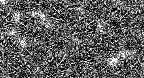 Abstract monochrome pattern of stylized, dense, spiky floral or plant-like shapes.