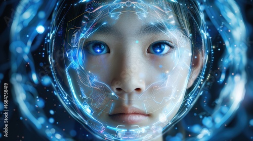 Young asian girl wearing futuristic holographic interface displaying neural networks, data streams symbolizing deep learning insights for ecommerce marketing strategy online consumer behavior.