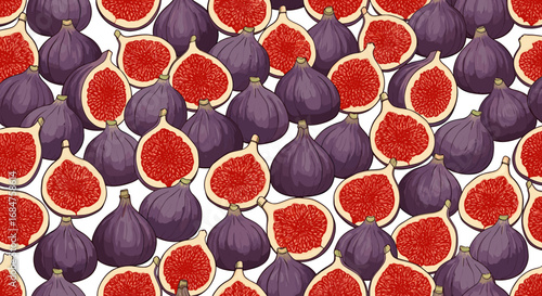 Seamless pattern of illustrated whole and halved purple figs with vibrant red flesh on a white background.
