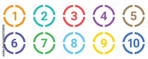 Bullet points icon set in line style, Simple round numbers in flat style, Set of 1 to 10 numbers. Numbers set 1 to 10 vector icon set illustration on white background.