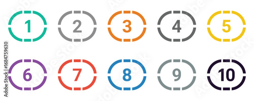 Bullet points icon set in line style, Simple round numbers in flat style, Set of 1 to 10 numbers. Numbers set 1 to 10 vector icon set illustration on white background.