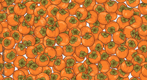 A vibrant, overhead view of a dense collection of ripe, orange persimmons, showcasing their characteristic green calyxes.
