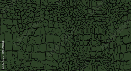 Seamless dark green reptilian leather texture resembling crocodile or alligator hide.