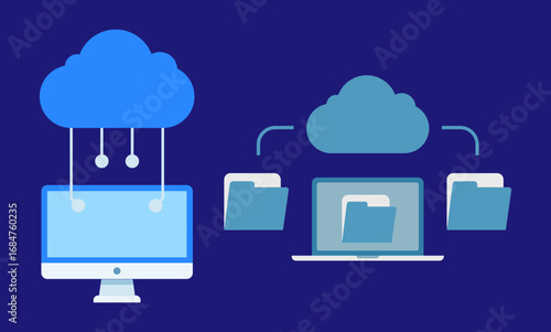 Cloud Data Storage and Transfer with Laptop – Cloud Computing Vector
