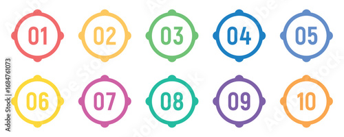 Colorful bullet points set of numbers from 0 to 10. Multicolored circles and numbers. Simple round numbers symbol set. Numbers icon set on white background. 1 to 10 number set icon.