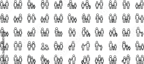 Family icons, diverse family relationships, parent and child symbols, multiple generations, family connection illustrations, parenting, children, togetherness, support 