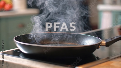 Cooking pan with steam and text 
