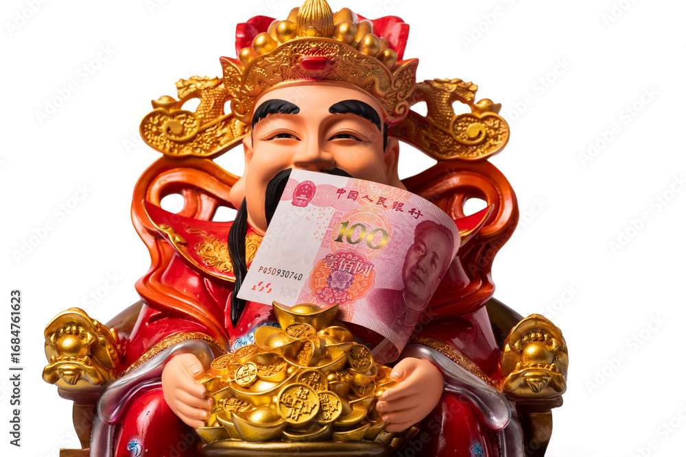 Φωτογραφία A 100-yuan banknote and a traditional Taoist God of Wealth Tua Peng Kong figurin